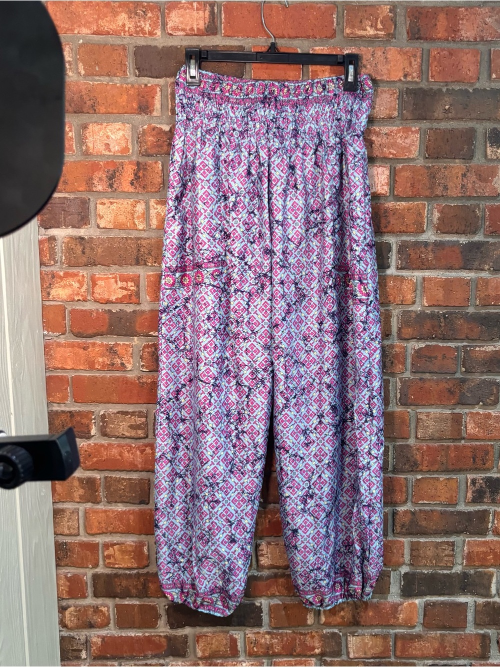 India Boutique womens geometric boho smocked waist harem pants pink OS